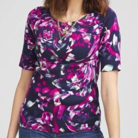 NWT Chicos Sz 2 L Abstract Pima Cotton Bateau Neck Boatneck Tee Elbow Sleeves SS - Picture 2 of 8